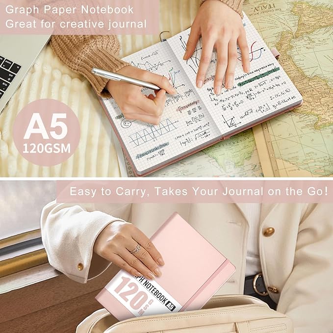 AHGXG Graph Paper Notebook - Grid Notebook Journal A5, 120 GSM Thick Graph Paper, 160 Pages, Leather Hardcover, for Graphing, Writing, Math, Engineering, 5.75'' × 8.38''- Rose Gold-DeskLoop Office