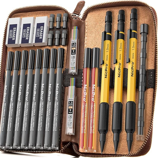 Nicpro 21PCS 1.3 mm Mechanical Pencil Set in Leather Bag with 138 Lead Refill, Eraser, Eraser Refills - Weatherproof Metal Barrel, Heavy Duty Carpenter Pencil for Outdoor Marking Drawing Woodworking-DeskLoop Office