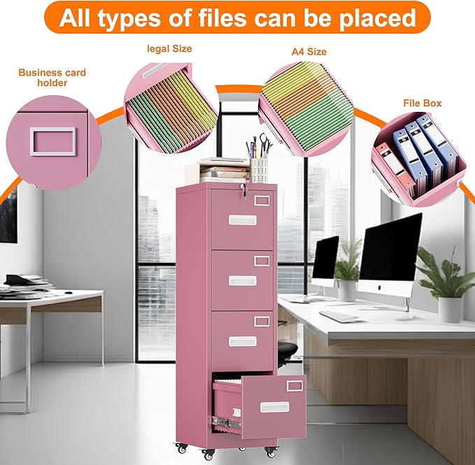 Aobabo 56" H 4 Drawer Moblie Office File Cabinet with Lock, Rolling Metal Filing Storage Cabinet, Legal/Letter A4 Size, Pink, Assembly Required-DeskLoop Office