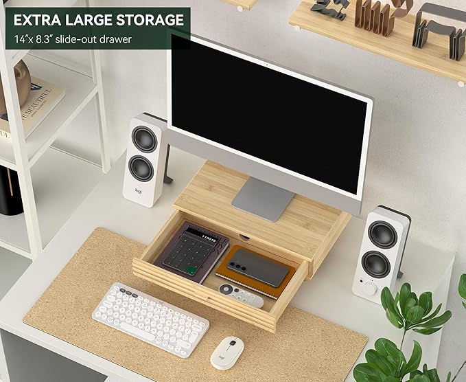 Bamboo Monitor Stand with Drawer - Desk Organizer with Cable Management & Storage, Ergonomic Laptop Riser for Home Office (220lbs Capacity, 15.7 inch ,Natural)-DeskLoop Office
