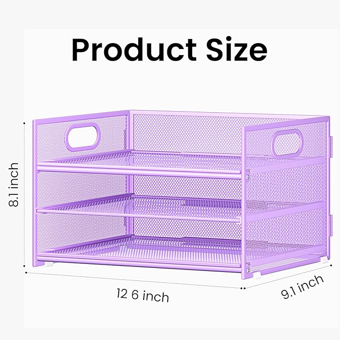 Subekyu 2-Pack 3-Tier Purple Metal Mesh Desk Paper Letter Tray & File Sorter Organizer with Handle + 1 Sliding Tray for Desk, Home, Office, School Supplies, A4 Paper and Accessories Storage-DeskLoop Office