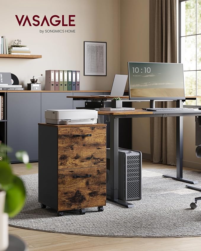 VASAGLE 2-Drawer File Cabinet, Small Rolling Filing Cabinet for Home Office, Printer Stand, for A4, Letter-Size Documents, 15.7 x 16.5 x 27.6 Inches, Rustic Brown and Ink Black UOFC040B01-DeskLoop Office