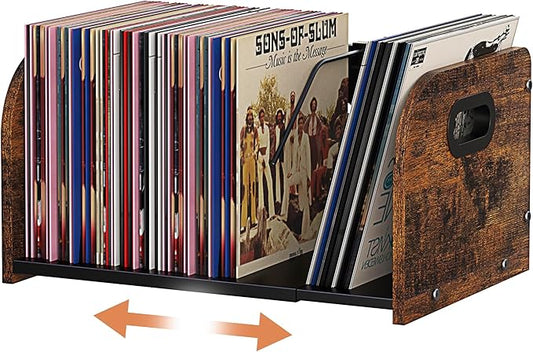 Vinyl Record Storage Holder, Expandable Record Holder Rack With Movable Divider, 110 LP Album Display Shelf Stand, Magazine Holder (Rustic Brown)-DeskLoop Office