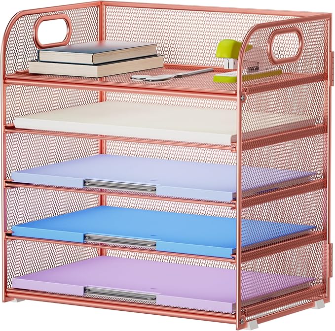 Marbrasse 5 Tier Paper Organizer Letter Tray, Mesh Desk File Organizer with Handle, Paper Sorter Desk Organizer for Home Office Supplies - Rose Gold-DeskLoop Office