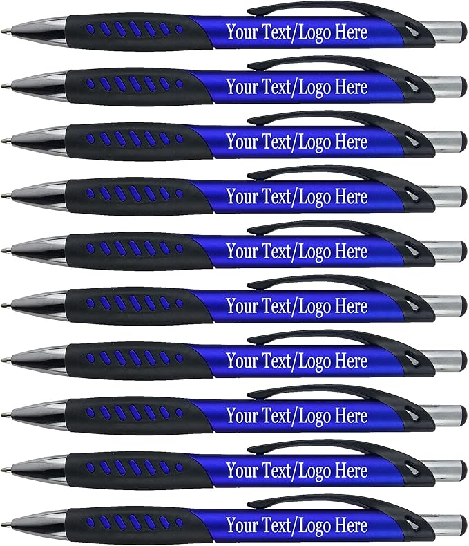 SyPen Promotional Pens With your Custom Logo or Text-300 Pack Bulk-for Businesses, Parties, and Events, Custom Printed Metallic/Colored Click Action Ballpoint Pens, Rubber Grip, Black Ink, Blue-DeskLoop Office