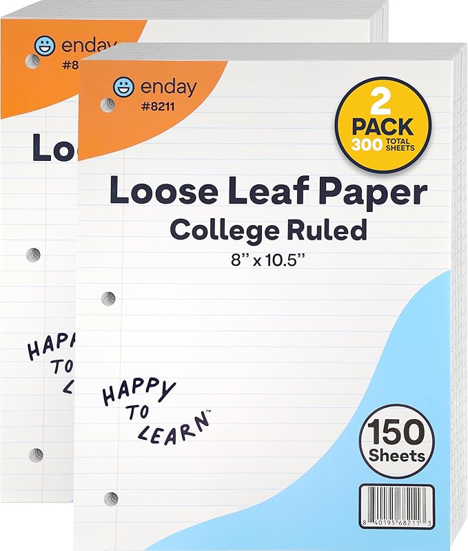 Loose Leaf Paper College Ruled Notebook Paper, 8" x 10.5" Filler Paper White, 3 Hole Punched Binder Paper for 3 Ring Binders, Lined Paper 150 Sheets Per Pack (2 Pack) - By Enday-DeskLoop Office