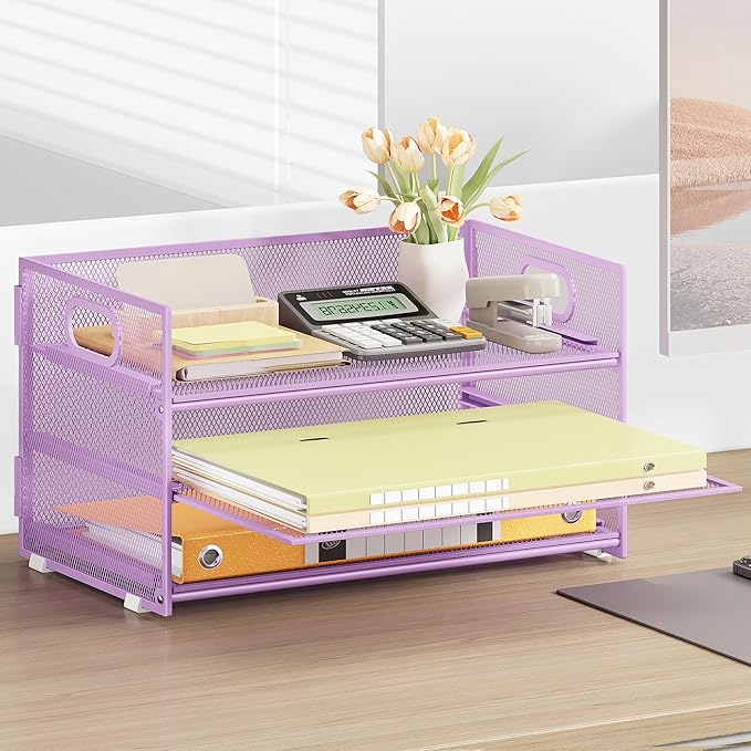 Subekyu 3 Tier Letter Tray Paper Organizer with Handle and 1 PC Sliding Tray, Purple Metal Mesh Desk File Folder Paper Sorter Organizer for Home Office School Desk Supplies Organization Storage-DeskLoop Office