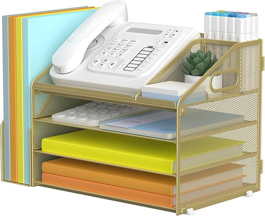 DocNest 4 Tier Paper Letter Tray File Organizer, Mesh Desk File with Handle, Workspace Desk Organizers with Pen Holder, Office Organization Storage Accessories - Gold Yellow-DeskLoop Office