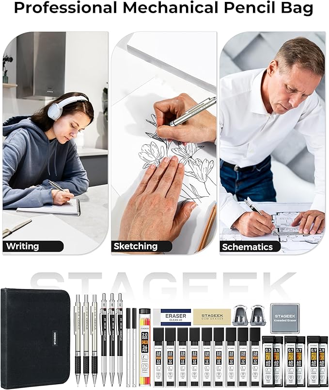 30PCS Mechanical Pencil Set with Canvas Bag, Drawing Pencils 0.5, 0.7, 0.9MM & 3PCS 2MM Sketching Pencil with 464PCS Leads (6B 4B 2B HB 2H 4H Color) for Artist Drafting Drawing Writing-DeskLoop Office