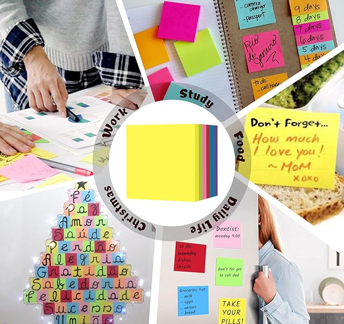 (6 Pack) Sticky Notes Pads,600 Super Adhesive Sticky Notes,3 x 3 Self Sticky Pads,600 Sheets Bulk Notepads,6 Colors Notes Post,Bright Colors Sticky Notepads Easy to Post for Office,Home,School-DeskLoop Office