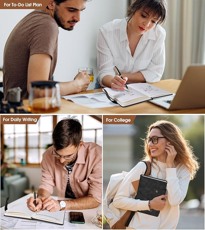 Black A5 Lined Leather Journal Notebook for Men Women,5.9" X 8.4" Personalized Hardcover Journal with Pen,200 Pages 100 Gsm Thick Ruled Paper Daily Diary for School,Travel,Work,Writing-DeskLoop Office