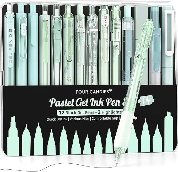 Four Candies 14Pack Pastel Gel Ink Pen Set,Cute Retractable 0.5mm Fine Point Pen,Note Taking Aesthetic Pens,12 Pack Black Ink Pens with 2Pack Highlighter, Smooth Writing Pens for School, Office(Green)-DeskLoop Office