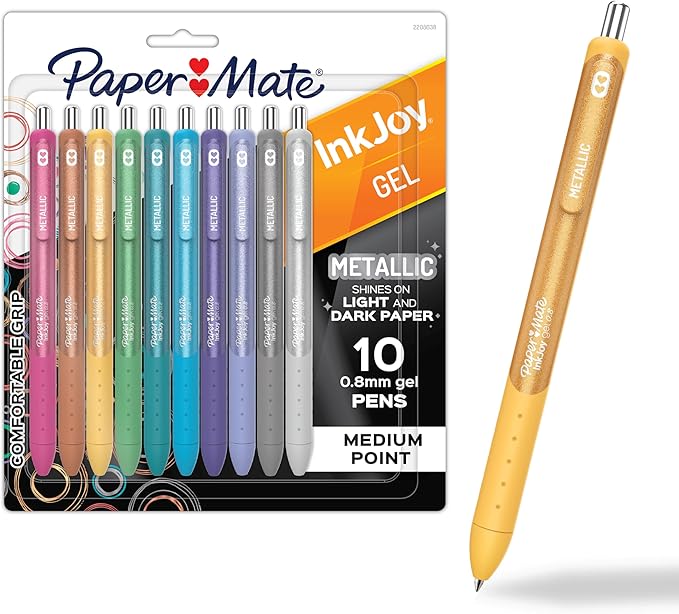 Paper Mate InkJoy Gel Pens, Metallic Pens, Retractable, Medium Point, (0.8mm) Assorted Colors, 10 Count-DeskLoop Office