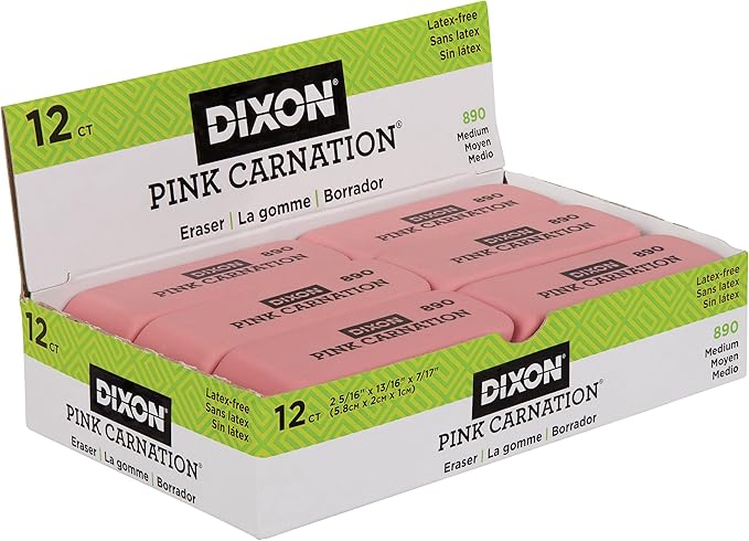 Dixon Pink Carnation Wedge Erasers, Medium, Pink, 2" x .75", 12-Pack (38900)-DeskLoop Office
