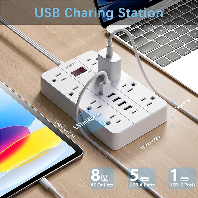 10 Ft Long Extension Cord,Power Strip Surge Protector HUNIAN Flat Plug with 8 Widely Spaced Outlets 6 USB(1 USB C Port), Wall Mount Charging Station for Home and Office,White-DeskLoop Office