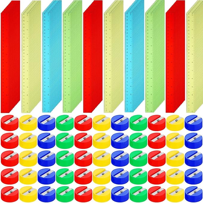 100 Pcs Plastic Rulers and 100 Pcs Mini Round Manual Pencil Sharpener Bulk, 4 Assorted Colors Pocket Sized Pencil Sharpeners Colorful Straight Ruler Back to School Supplies for Kids (Classic,12 Inch)-DeskLoop Office