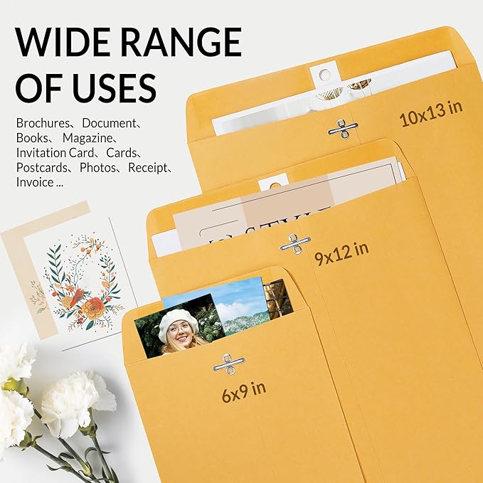 SUNEE 6x9 Clasp Envelopes 100 Count - 6x9 Inch Brown Kraft Envelopes with Clasp Closure – for Home, Office, Business, Legal or School, Great for Filing, Storing or Mailing Documents-DeskLoop Office