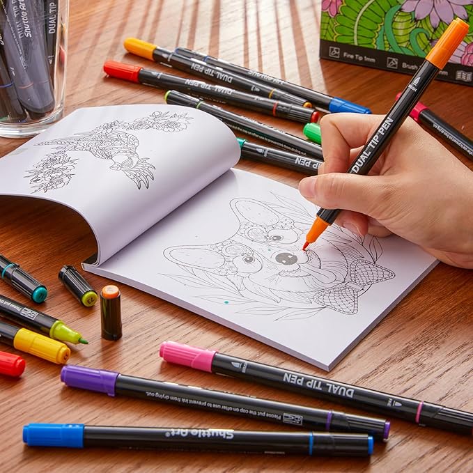 Shuttle Art Dual Tip Brush Pens, 96 Colours Fine and Brush Tip Markers Set with Pen Holder & 1 Colouring Book, Felt Tip Colouring Pens for Adults and Children Colouring Calligraphy Journal Doodling-DeskLoop Office