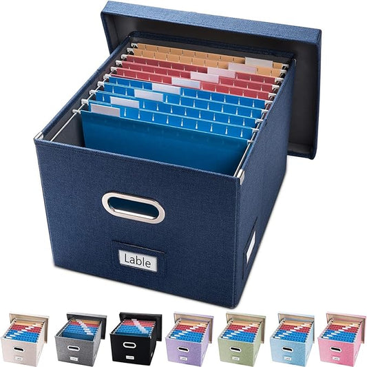 PRANDOM File Organizer Box - Set of 1 Collapsible Decorative Linen Filing Storage Hanging File Folders with Lids Office Cabinet Letter/Legal Size Navy Blue (17x14x11.2 inch)-DeskLoop Office
