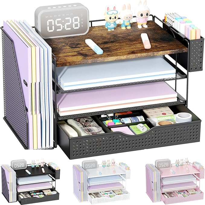 Wood Desk Organizers and Accessories with File Holder, 4-Tier Desk Accessories & Workspace Organizers with Drawer and Pen Holder, Paper Organizer for Office Supplies (Wood)-DeskLoop Office