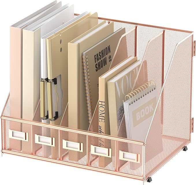 SUPEASY Desk Organizers Metal Desk Magazine File Holder with 5 Vertical Compartments Rack File Organizer for Office Desktop, Home Workspace, Rose Gold-DeskLoop Office