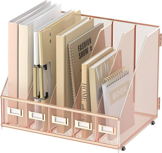 SUPEASY Desk Organizers Metal Desk Magazine File Holder with 5 Vertical Compartments Rack File Organizer for Office Desktop, Home Workspace, Rose Gold-DeskLoop Office