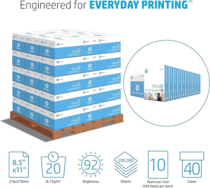 HP Printer Paper | 8.5 x 11 Paper | Office 20 lb | 1 Pallet - 40 Cartons - 200,000 Sheets | 92 Bright | Made in USA - FSC Certified | 112101P-DeskLoop Office