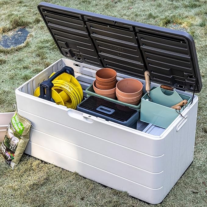 100 Gallon Outdoor Storage Box Waterproof Lockable Resin Deck Box Large, Patio Storage Bin for Pool Accessories Cushion Furniture, Garden Tools, UV-Resistant Outside Delivery Black&White-DeskLoop Office