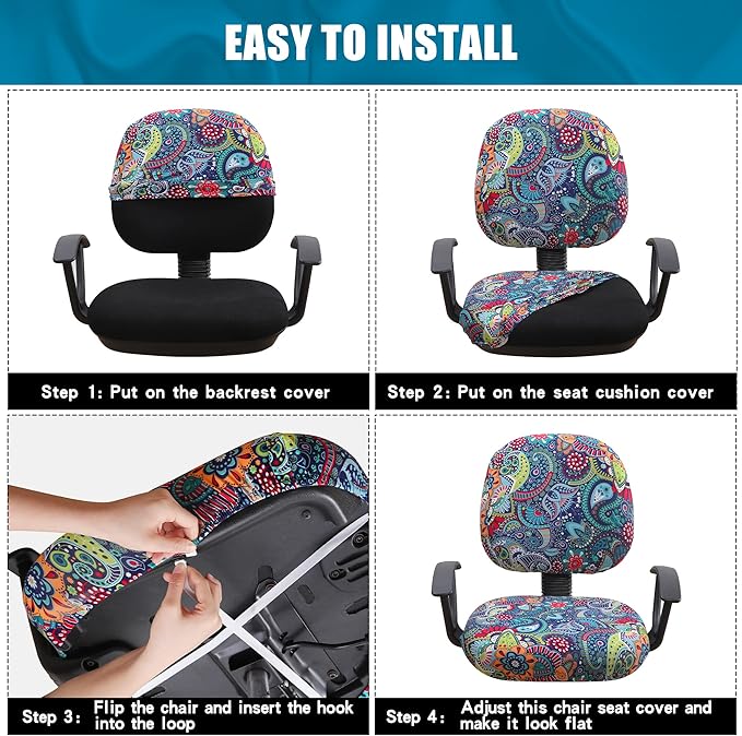 Smiry Stretch Printed Office Computer Chair Covers, Universal Washable Removable Desk Rotating Chair Slipcovers Protector, Seat + Backrest Cover - Blue Green-DeskLoop Office
