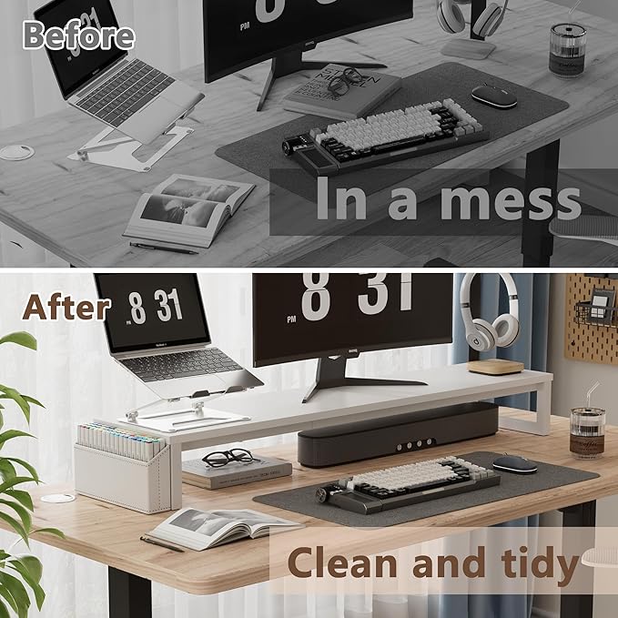 LAND·VOI Dual Monitor Stand Riser,41.5'' Long Monitor Stand for 2 Monitors, Wood and Steel Computer Monitor Stand, Desktop Oraganizer with Pen Holder, Monitor Riser for Desk Computer,Laptop,TV, White-DeskLoop Office