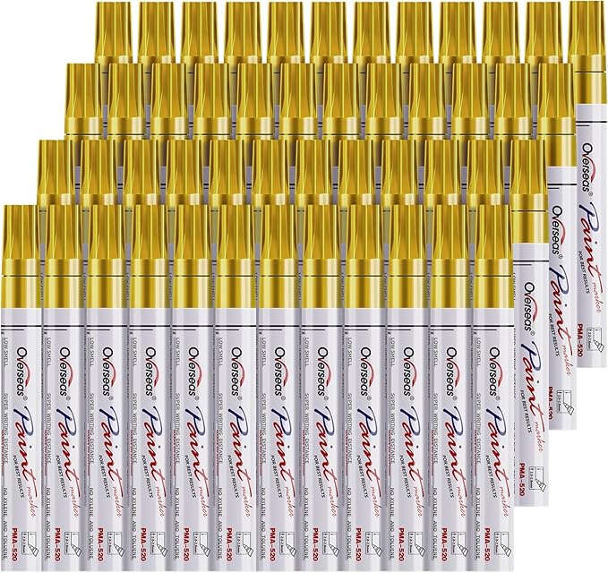 Overseas 48 Gold Paint Pens, Oil Based Permanent Markers Set - Quick Drying, Waterproof, Fade-Resistant, Medium Tip Paint Markers Bulk for Wood, Metal, Rock, Ceramic, Plastic, Canvas, Glass, Rubber-DeskLoop Office