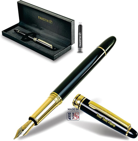 Customized Fountain pen with name (MADE IN USA), stainless steel, black and gold, luxury engraved pen personalized for men and for women. (Fountain Black-Gold)-DeskLoop Office