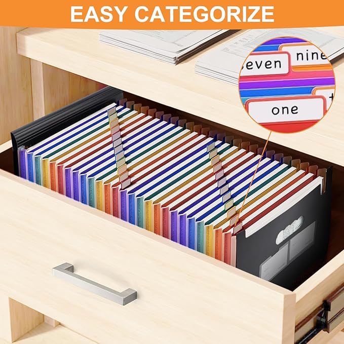 Accordion File Organizer, 24 Pockets Expanding File Folders, Portable Letter A4 Size Filing Box with Colored Labels and Expandable Cover, Monthly Bill Receipt Documents Organizer Black-DeskLoop Office