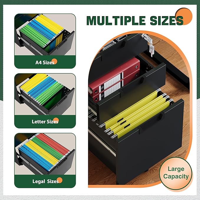 Letaya 3 Drawer Mobile File Cabinet with Lock,Under Desk Metal Small Filing Cabinets for Home Office Organizer Letters/Legal/A4(Fully Assembled Except Wheels-Black)-DeskLoop Office