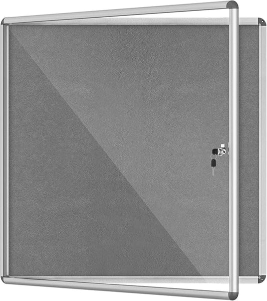 38"x38" Enclosed Bulletin Board, Lockable Weather-Resistant Aluminum Cork Noticeboard for School & Office, Silver Frame w/Grey Flet-DeskLoop Office