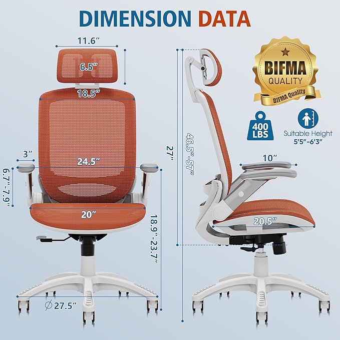 GABRYLLY Ergonomic Office Chair, High Back Home Desk Chair with Headrest, Flip-Up Arms, 90-120° Tilt Lock and Wide Cushion, 400LBS Mesh Chairs for Man Woman, White Task Chair(Orange,GY01WOR)-DeskLoop Office