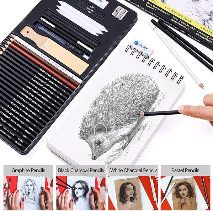 Drawing Sketching Pencils Set, 34 Pieces Pro Art Pencil Kit - Graphite Pencils (14B-4H), Charcoal Pencils, Charcoal Sticks, Artist Pencils for Beginners & Pro Artists-DeskLoop Office