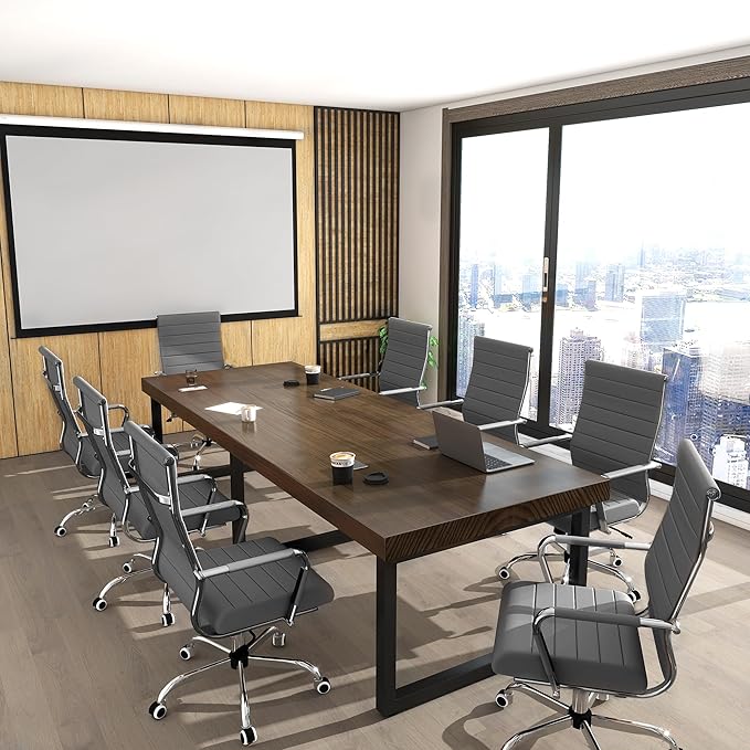 Home Office Chair Ribbed, Modern Leather Conference Room Chairs, Ergonomic Office Desk Chair, High Back Executive Computer Chair, Adjustable Swivel Chair with Arms (Grey)-DeskLoop Office