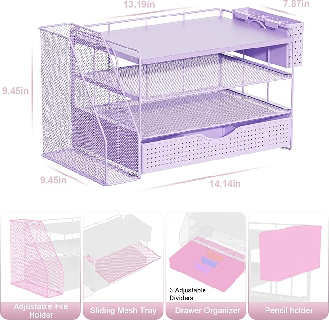 Wood Desk Organizers and Accessories with File Holder, 4-Tier Desk Accessories & Workspace Organizers with Drawer and Pen Holder, Paper Organizer for Office Supplies (Purple)-DeskLoop Office
