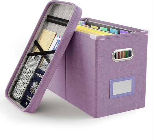 Oterri File Organizer with Lid, Hanging Filing Box with Mesh Pocket, Document Organizer for Letter Files, Portable Storage Box for Office & Home (1 PCS, Taro Purple)-DeskLoop Office