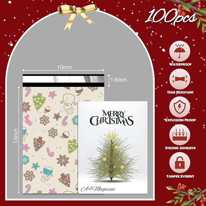 Christmas Poly Mailer 10x13 Inch 100 Pcs, Waterproof Shipping Bags for Clothing, Tear-Resistant Mailier Bags, Strong Mailing Bags with Self-Seal - Christmas Elements Printed-DeskLoop Office