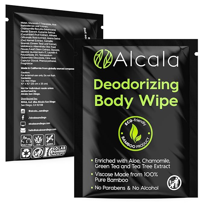 Alcala Deodorizing Body Wipes Individual Shower Wipes 100% Pure Biodegradable Bamboo Wet Wipes with Aloe Tea Tree Adult Body Wipes for Women & Men Ideal for Camping Hiking, Hospitals & Gym (30 Pack)-DeskLoop Office