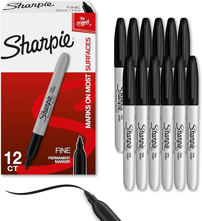 Sharpie Permanent Markers, Fine Tip, Black, 12 Count - For Classroom, Office, & Home, Quick Drying, Fade Resistant, For Wood, Plastic, Paper, Metal, And More, Ideal for Posters, Drawing, Coloring-DeskLoop Office