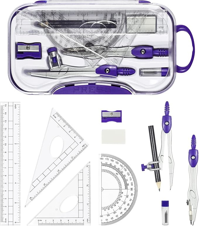 10 Pieces Math Geometry Kit Set Student Supplies with Shatterproof Storage Box,Includes Rulers,Protractor,Compass,Eraser,Pencil Sharpener,Lead Refills,Pencil,for School and Drawings(Purple)-DeskLoop Office