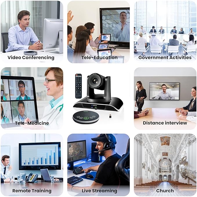 10x Zoom Conference Room Video Camera System, All-in-One HD 1080P 60fps 10X Optical Zoom USB3.0 HDMI PTZ Camera and Bluetooth Conference Speaker with Microphones Bundle for Medium Room-DeskLoop Office