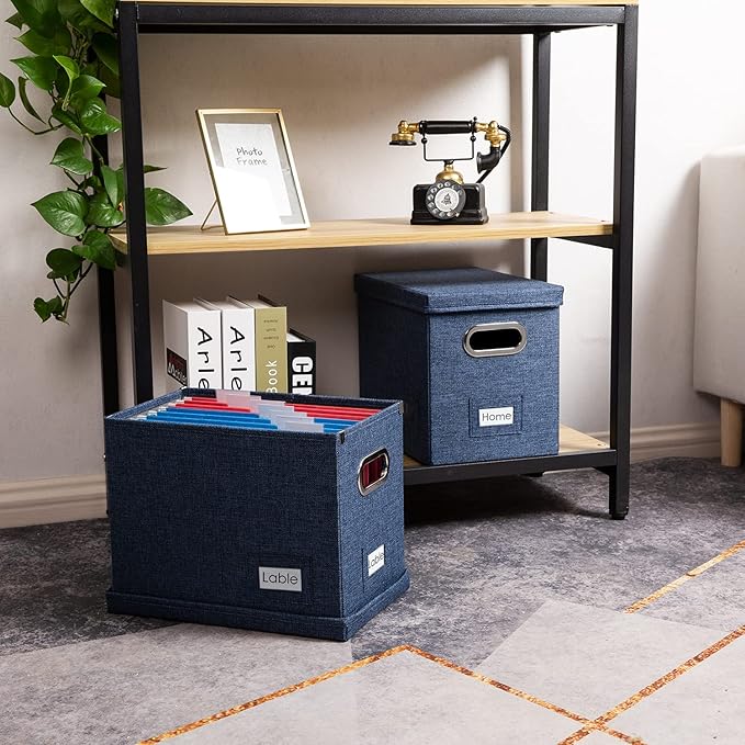PRANDOM File Organizer Box - Set of 4 Collapsible Decorative Linen Filing Storage Hanging File Folders with Lids Office Cabinet Letter Size Navy Blue (14x9.3x10.8 inch)-DeskLoop Office