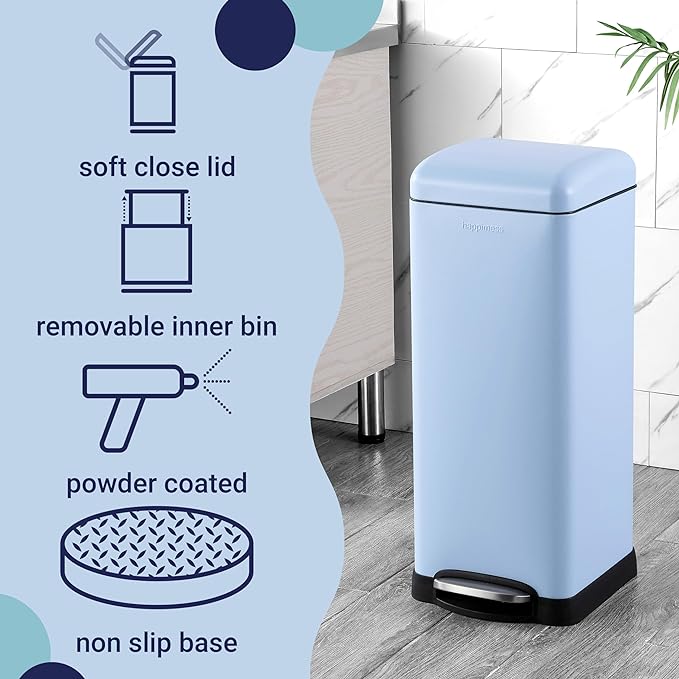 happimess HPM1007I Betty Retro 8-Gallon Step-Open Trash Can, Fingerprint Resistant, Modern, Minimalistic for Home, Kitchen, Laundry Room, Office, Bedroom, Bathroom, Tide Pool Blue-DeskLoop Office