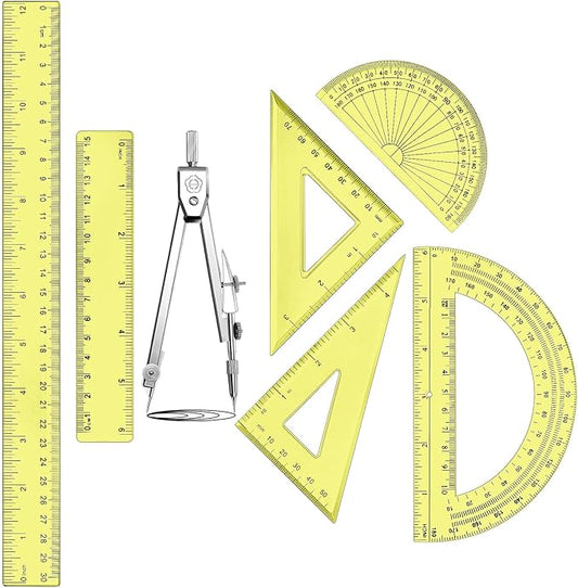 Zonon 1 Set Plastic Geometry Math Set Includes Drawing Compass, 6 Inch 4 Inch Protractor, 45/60 Degree Triangle Rulers 12 Inch 6 Inch Math Ruler Transparent for Office Supplies(Yellow)-DeskLoop Office