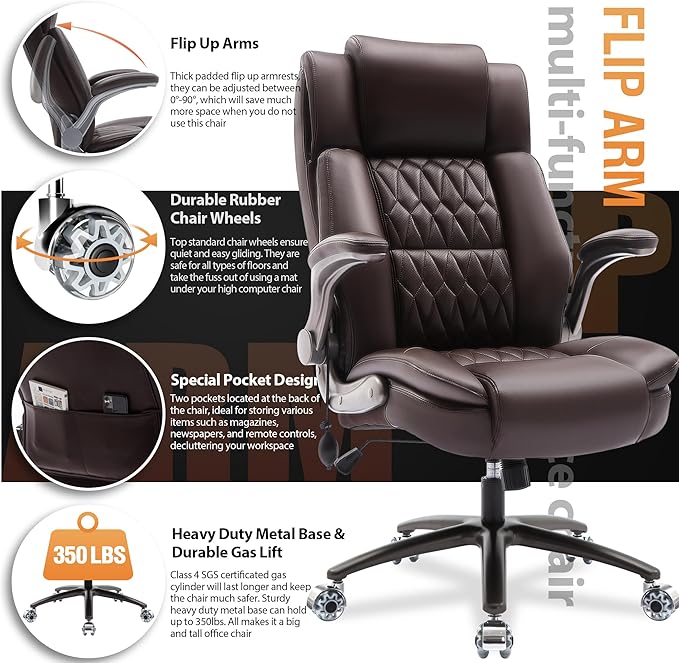 Large High Back Office Chair - Adjustable Lumbar Support Flip Up Arms Heavy Duty Quiet Wheels Metal Base Breathable Bonded Leather Ergonomic Executive Computer Desk Chair with Storage Bags, Brown-DeskLoop Office