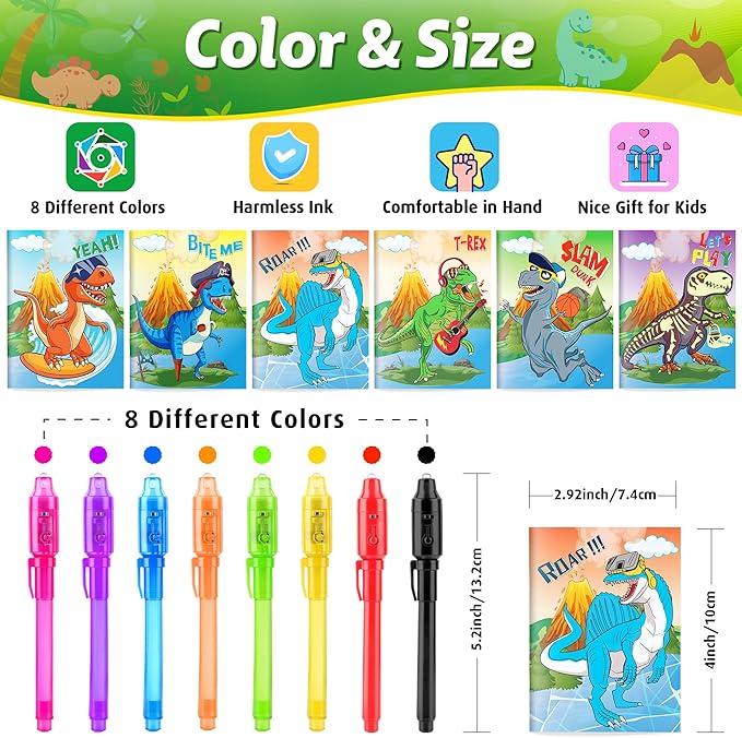 Invisible Ink Pens with UV light for Kids, Spy Pen Dinosaur Party Favors for Kids 8-12, 24Pack Invisible Ink Pen and Notebook, Magic Marker for Secret Message Birthday Party Favors for Kid 4-8-DeskLoop Office